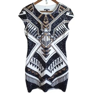 Express Womens Sequin Bodycon Dress Art Deco Geometric Black Gold White Medium
